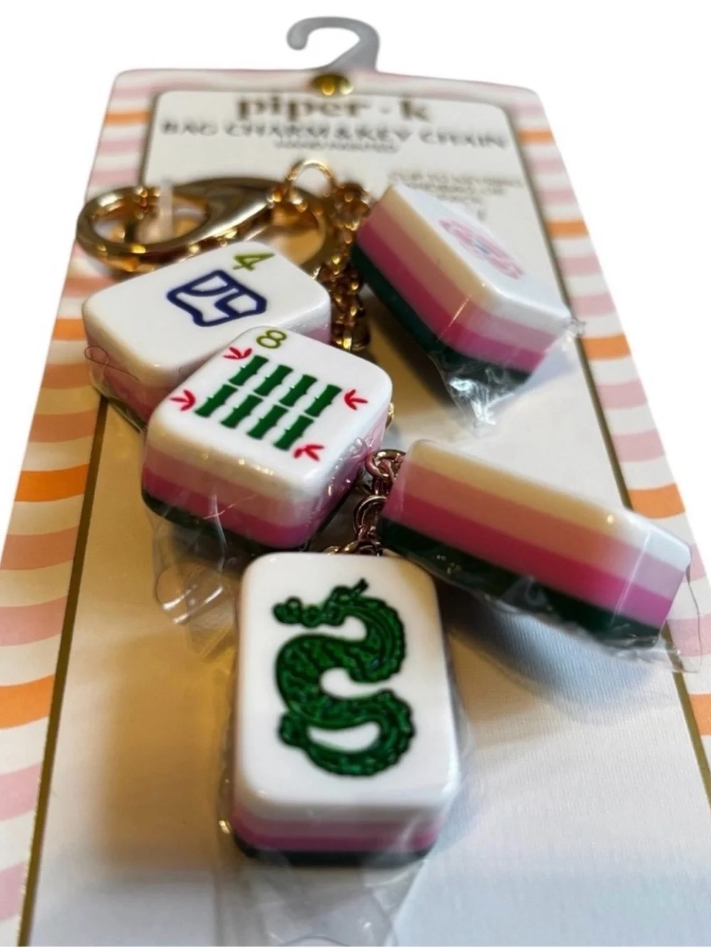 Rare Piper K Mahjong Tiles Bag Charm/ Key Chain White with Pink & Green Accents